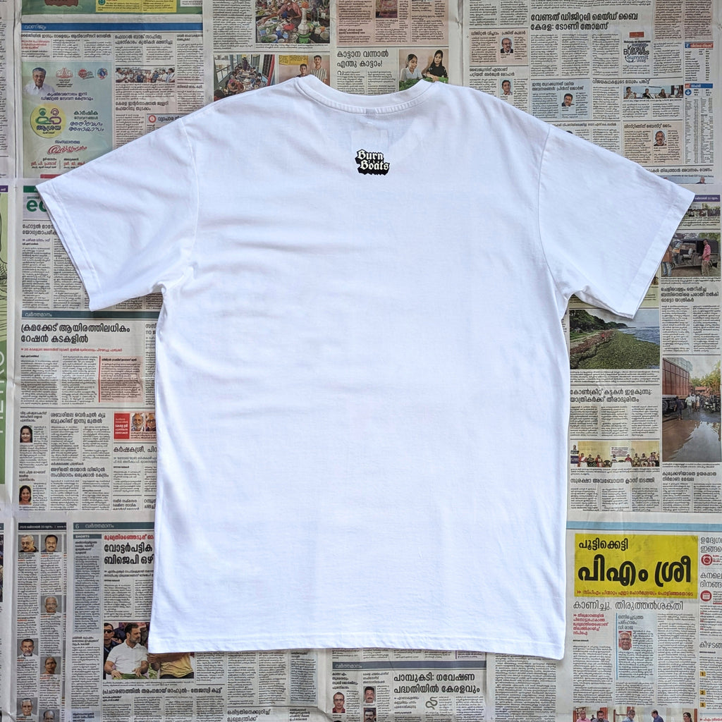 White tshirt with 'Burn the Boats' logo on the back neck area