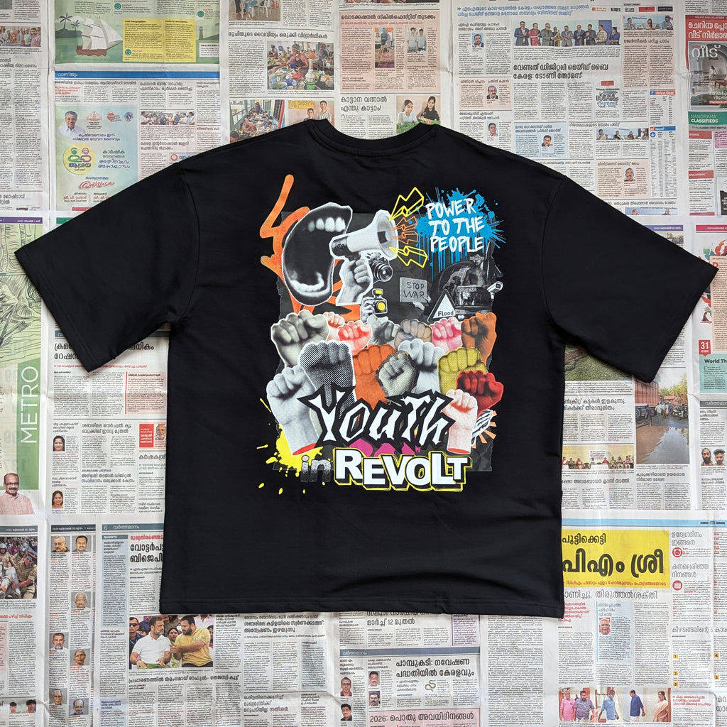 Black oversized tshirt with punk protest inspired graphics